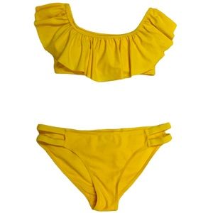 KENSIE sz Medium Jr Bikini Ruffle Off Shoulder Bandeau Top Strap Bottoms Yellow